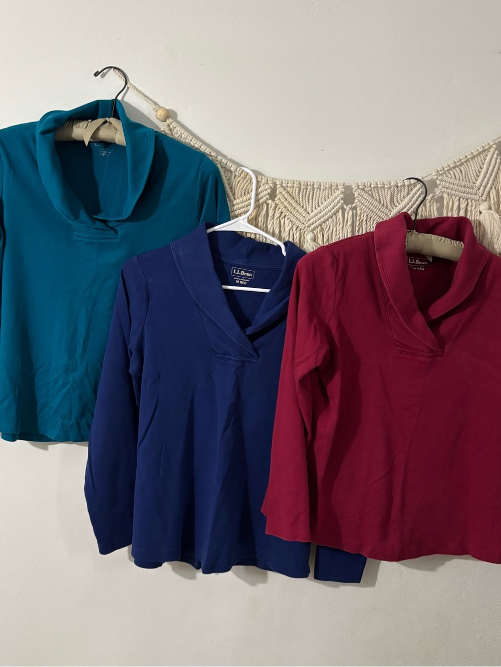 L.L. Bean Women's Long-Sleeve Shawl Neck Pullovers in Teal, Navy, Berry